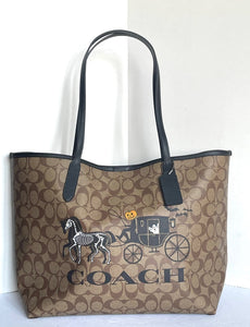Coach City Tote Halloween Horse & Carriage Brown Signature Canvas Bag CM756