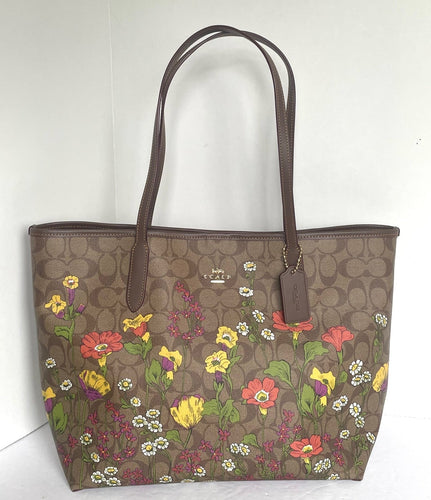 Coach City Tote Signature Canvas Floral Brown Leather Large CR165 Khaki