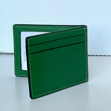 Load image into Gallery viewer, Green leather wallet on a light blue background