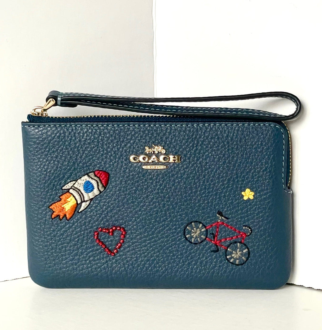Coach Corner Zip Wristlet Blue Pebbled Leather CDF32 Embroidered