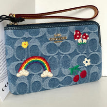 Load image into Gallery viewer, Coach Corner Zip Wristlet Signature Denim Rainbow Floral CDF35 ORIG PCKG
