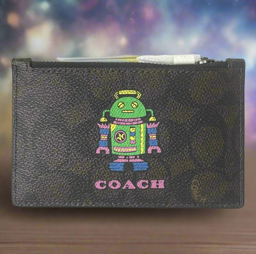 Coach Cosmic Coach Zip Card Case Robot Space CW223 Brown Leather Wallet