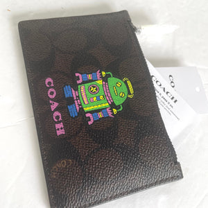 Coach Cosmic Coach Zip Card Case Robot Space CW223 Brown Leather Wallet