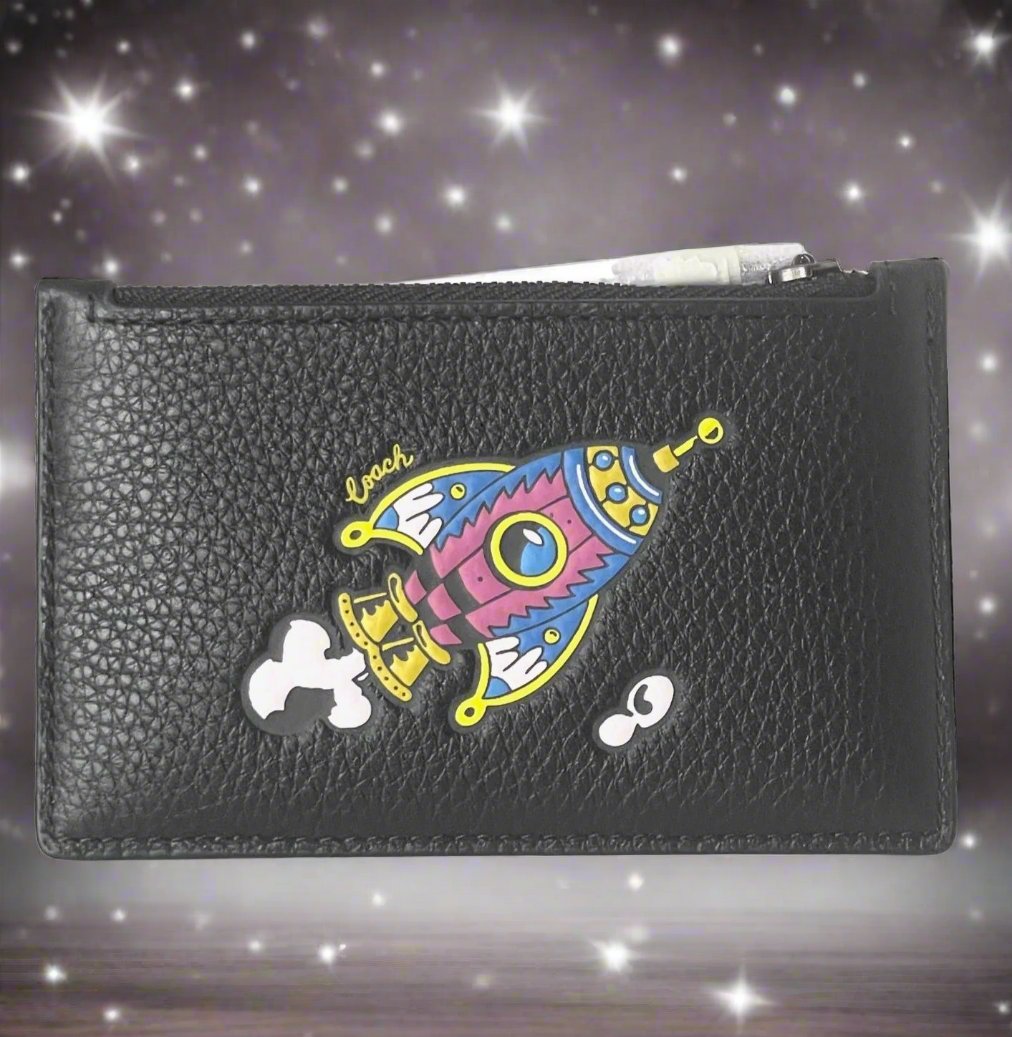 Coach Cosmic Coach Zip Card Case Rocket Ship Space CW222 Black