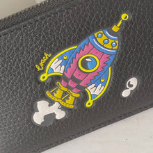 Load image into Gallery viewer, Coach Cosmic Coach Zip Card Case Rocket Ship Space CW222 Black Leather Wallet