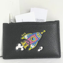 Load image into Gallery viewer, Coach Cosmic Coach Zip Card Case Rocket Ship Space CW222 Black Leather Wallet