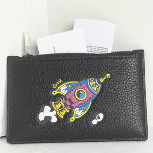 Coach Cosmic Coach Zip Card Case Rocket Ship Space CW222 Black Leather Wallet