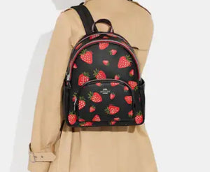 Coach Court Backpack Wild Strawberry Womens Large Black Leather Canvas CH509