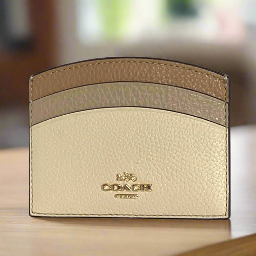 Coach Curved Card Case Brown Ivory Pebbled Leather Slim Wallet CU137