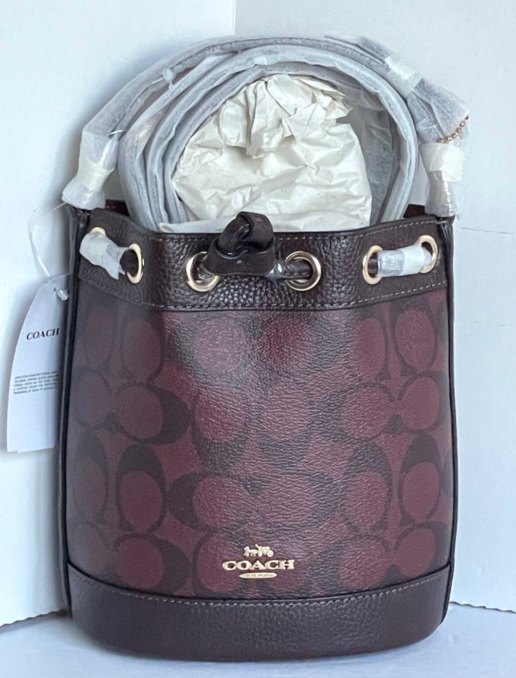 Coach Dempsey CO072 Drawstring Bucket Bag 15 Oxblood Leather Crossbody