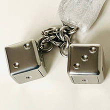 Load image into Gallery viewer, Metallic dice charm on a chain with a neutral background