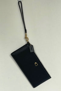 Coach Double Zip Wallet Wristlet Black Pebbled Leather Slim Bifold Snap CC553