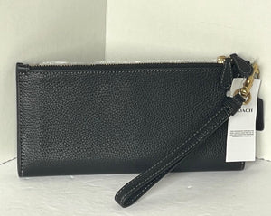Coach Double Zip Wallet Wristlet Black Pebbled Leather Slim Bifold Snap CC553.