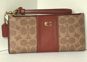 Coach Double Zip Wallet Wristlet Signature Canvas Brown Slim Bifold Snap CC965