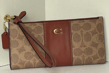 Load image into Gallery viewer, Coach Double Zip Wallet Wristlet Signature Canvas Brown Slim Bifold Snap CC965
