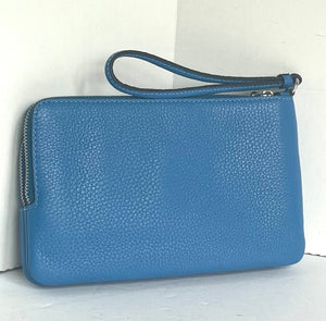 Coach Double Zip Wallet Wristlet Womens Leather Blue Leather Phone Case C5610