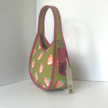 Load image into Gallery viewer, coach ergo Green handbag with pink handles and strawberry pattern on a white background