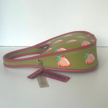 Load image into Gallery viewer, Green bag with strawberry pattern and pink strap on a white background
