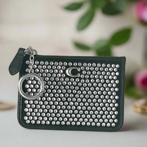Coach Essential Mini Id Card Case Crystal Black Leather Wallet Keychain CX249