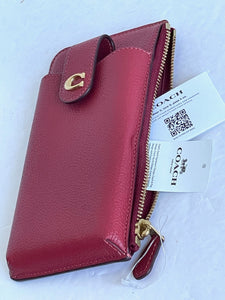 Coach Essential Phone Case Wallet CJ866 Red Leather Card Holder Zip Pebbled