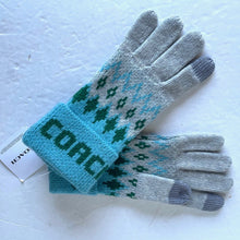 Load image into Gallery viewer, Coach Fair Isle Wool Knit Gloves Womens Blue Tech Mittens Logo Cuff OS