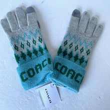 Load image into Gallery viewer, Coach Fair Isle Wool Knit Gloves Womens Blue Tech Mittens Logo Cuff OS