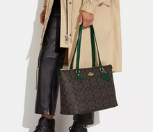 Load image into Gallery viewer, Coach Gallery Tote Brown Signature Canvas Logo Zip Green Shoulder Bag CH504