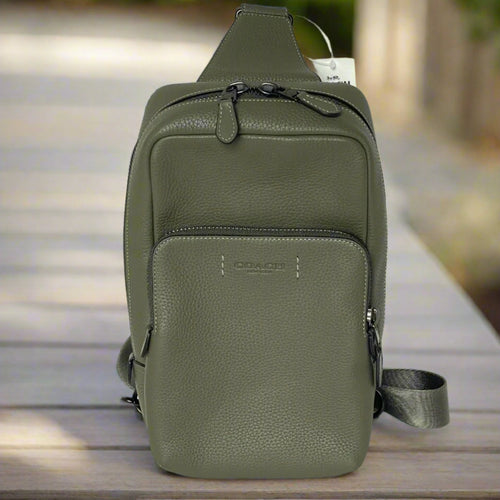 Coach Gotham Pack Sling Mens Army Green Leather Backpack Crossbody C5331