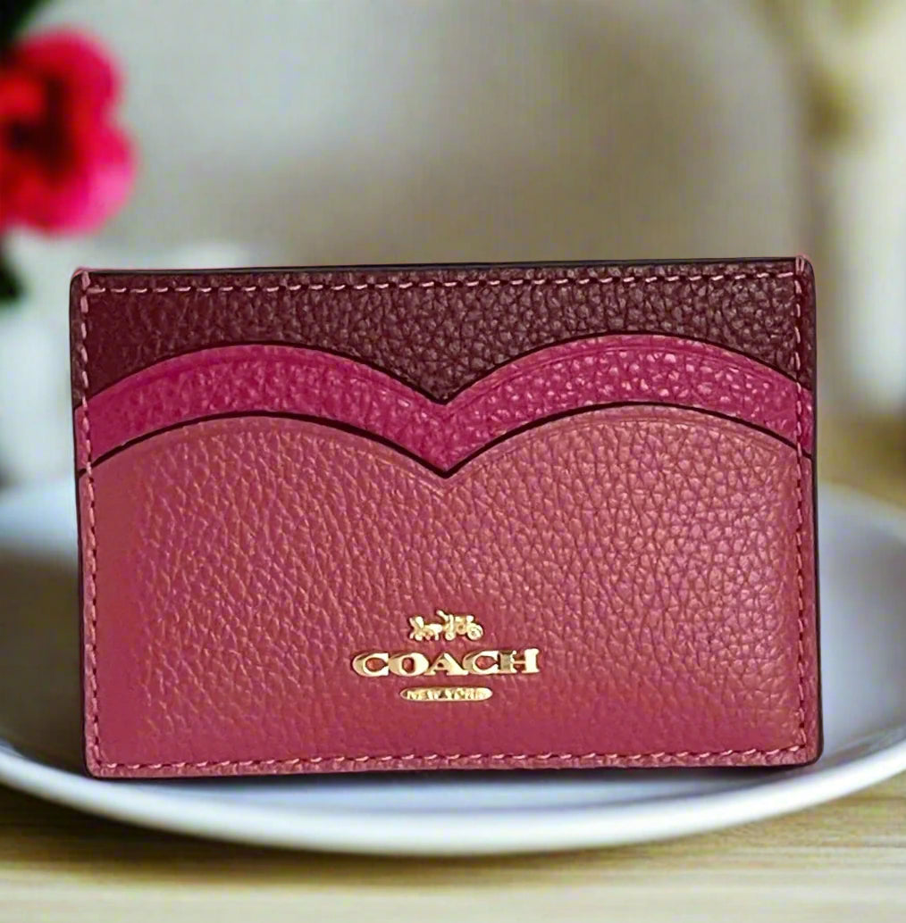 coach card sleeve Coach Scalloped Heart Card Case Red Pebbled Leather CU138 Slim Wallet – Luxe Fashion Finds