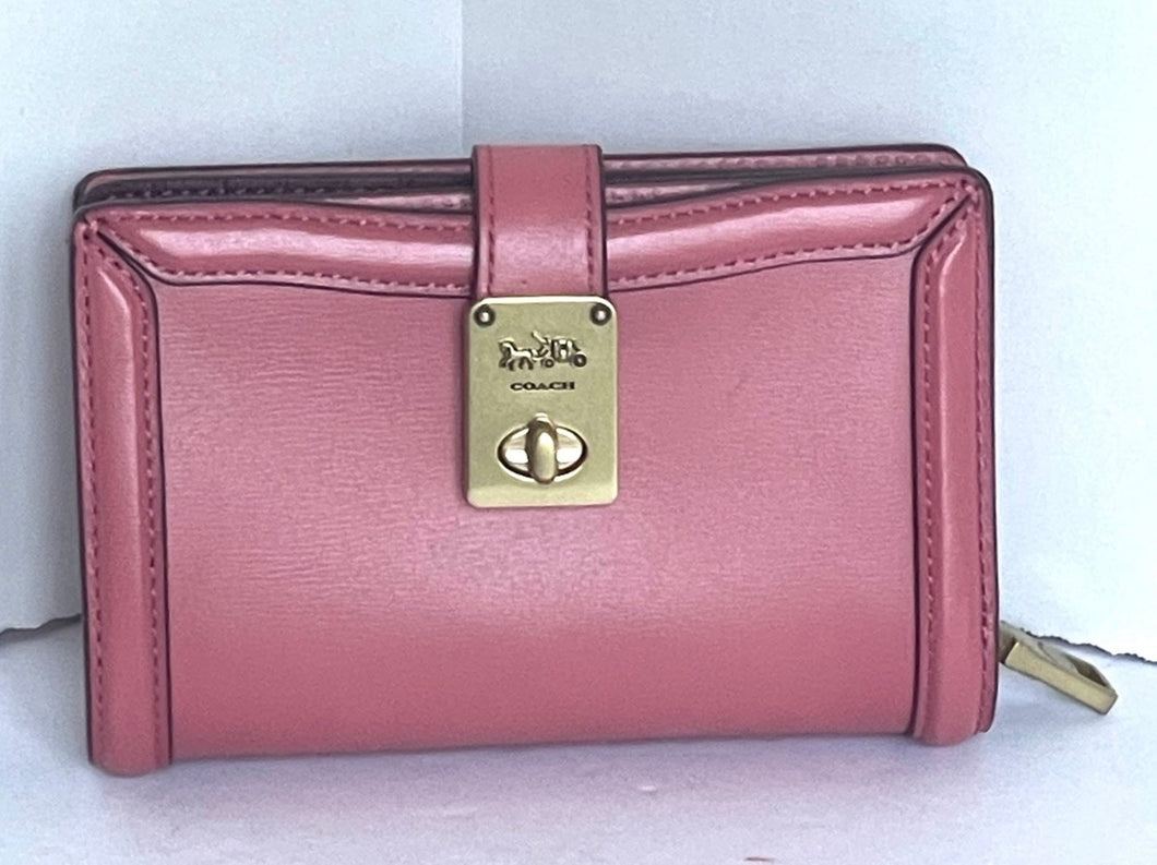 Coach Hutton Wallet Womens Small PInk Leather Turnlock Bifold Coin Zip Billfold