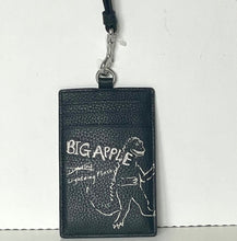 Load image into Gallery viewer, Black leather cardholder with dinosaur design and 'BIG APPLE' text on a white background