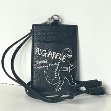 Load image into Gallery viewer, Black leather cardholder with dinosaur design and 'BIG APPLE' text on a white background