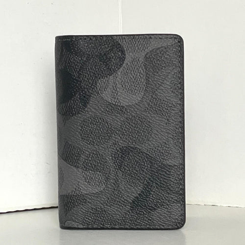 Black leather wallet with camouflage pattern on a white background