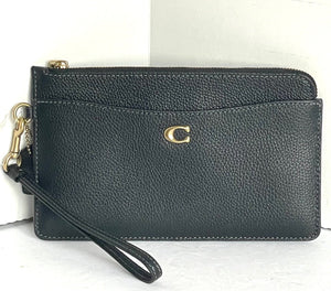 Coach L Zip Wristlet Womens Black Leather Zip Wallet Slim Pebbled Card Slots