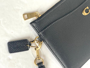 Coach L Zip Wristlet Womens Black Leather Zip Wallet Slim Pebbled Card Slots