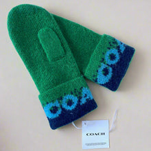 Load image into Gallery viewer, Coach MIttens Gloves Wool Knit Women&#39;s Colorblock Logo Green Blue Alpaca