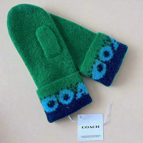 Coach MIttens Gloves Wool Knit Women's Colorblock Logo Green Blue Alpaca