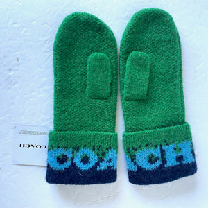 Coach MIttens Gloves Wool Knit Women's Colorblock Logo Green Blue Alpaca