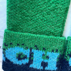 Coach MIttens Gloves Wool Knit Women's Colorblock Logo Green Blue Alpaca