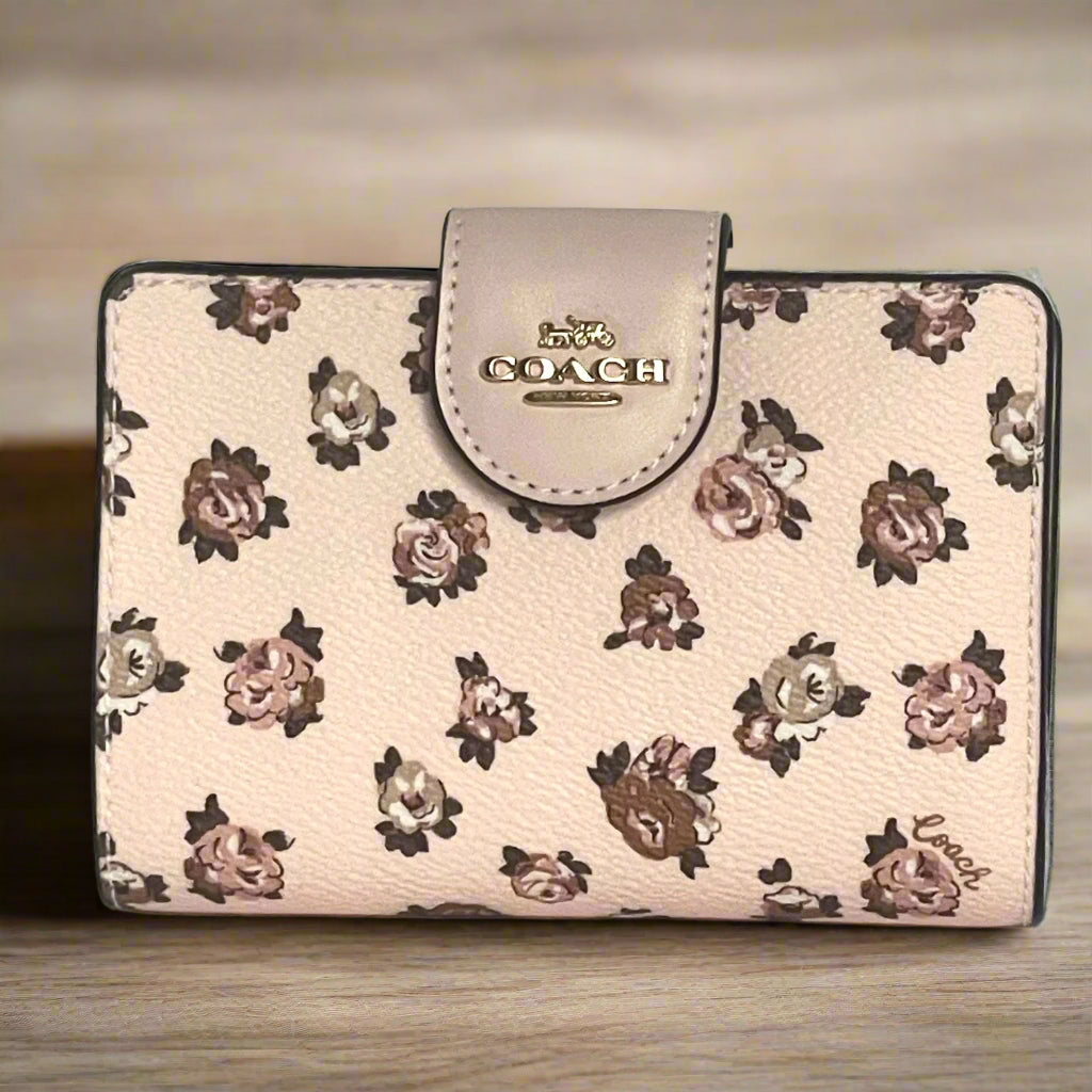 Coach Medium Corner Zip Wallet Rosette Floral Pink Canvas CZ343