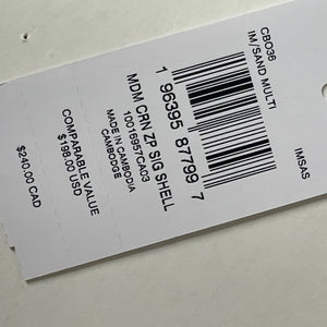Product tag with barcode and text on a white background