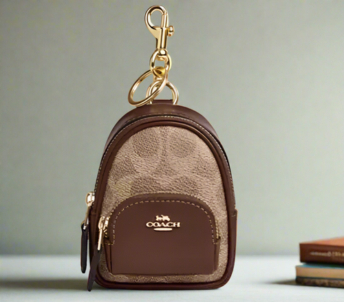 Coach Mini Court Backpack Bag Charm Keychain Brown Signature Canvas CX066