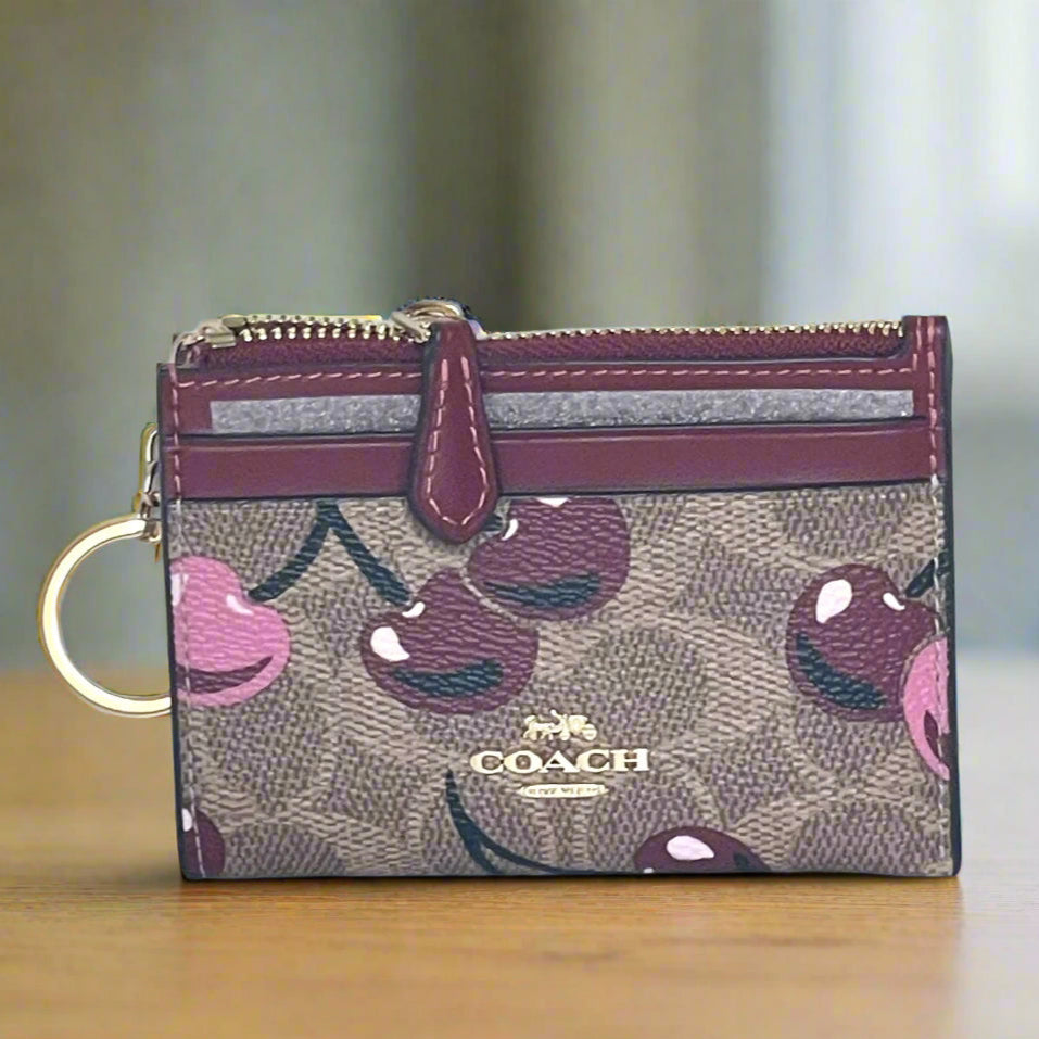 Coach Mini Skinny ID Wallet Cherry Red CZ462 Keyring Signature Brown Canvas