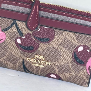 Coach Mini Skinny ID Wallet Cherry Red CZ462 Keyring Signature Brown Canvas