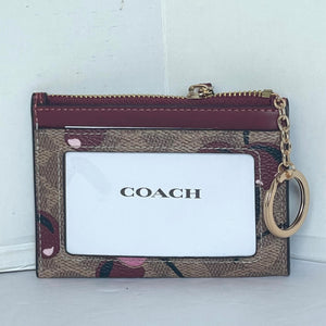 Coach Mini Skinny ID Wallet Cherry Red CZ462 Keyring Signature Brown Canvas