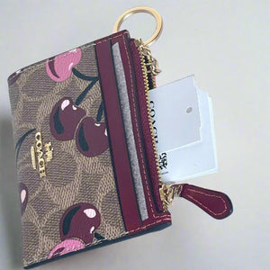 Coach Mini Skinny ID Wallet Cherry Red CZ462 Keyring Signature Brown Canvas