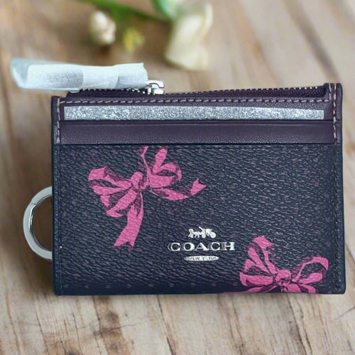 Coach Mini Skinny ID Wallet Womens Red Bow Print Keyring Canvas CZ460