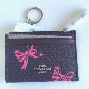 Coach Mini Skinny ID Wallet Womens Red Bow Print Keyring Canvas CZ460