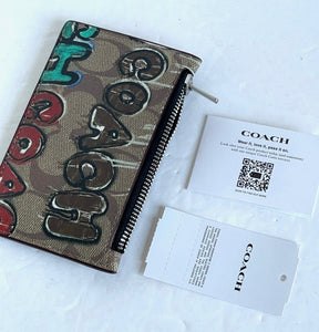 Coach Mint Serf Zip Card Case Slim Leather Coated Canvas Graffiti Wallet CM158 Unisex