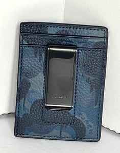 Coach Money Clip Card Case Mens Camo Blue Leather Slim Wallet Compact CC138